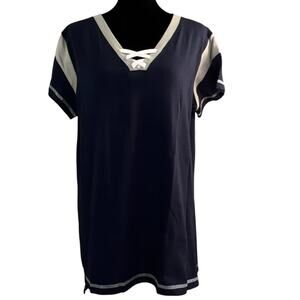 LAT Ladies Game Day Lace-Up Short Sleeve Tee Shirt Sze Large Blue Titanium White